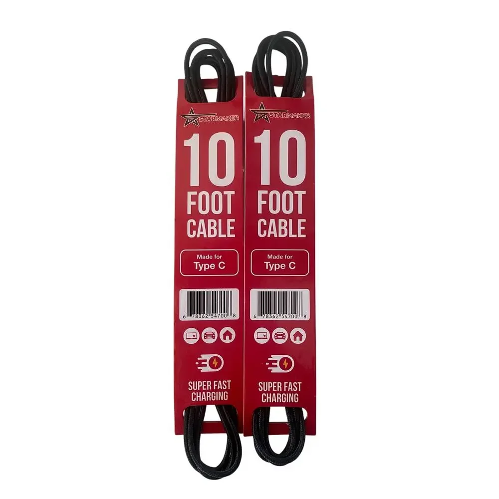 2 Pack Star Maker 10 Foot USB-C to USB Charging Cord Cable Charger
